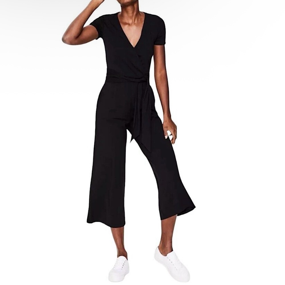 Boden Ellen Jersey Knit Wide Leg Cropped Jumpsuit Black Women’s Size 4